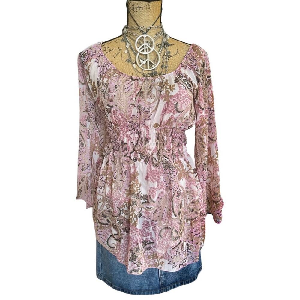 JORDACHE women's boho cottagecore top Pink Sheer Long size LARGE
